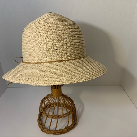 Tan Paper Bucket Hat with Silver Sequins One Size - Picture 3 of 7